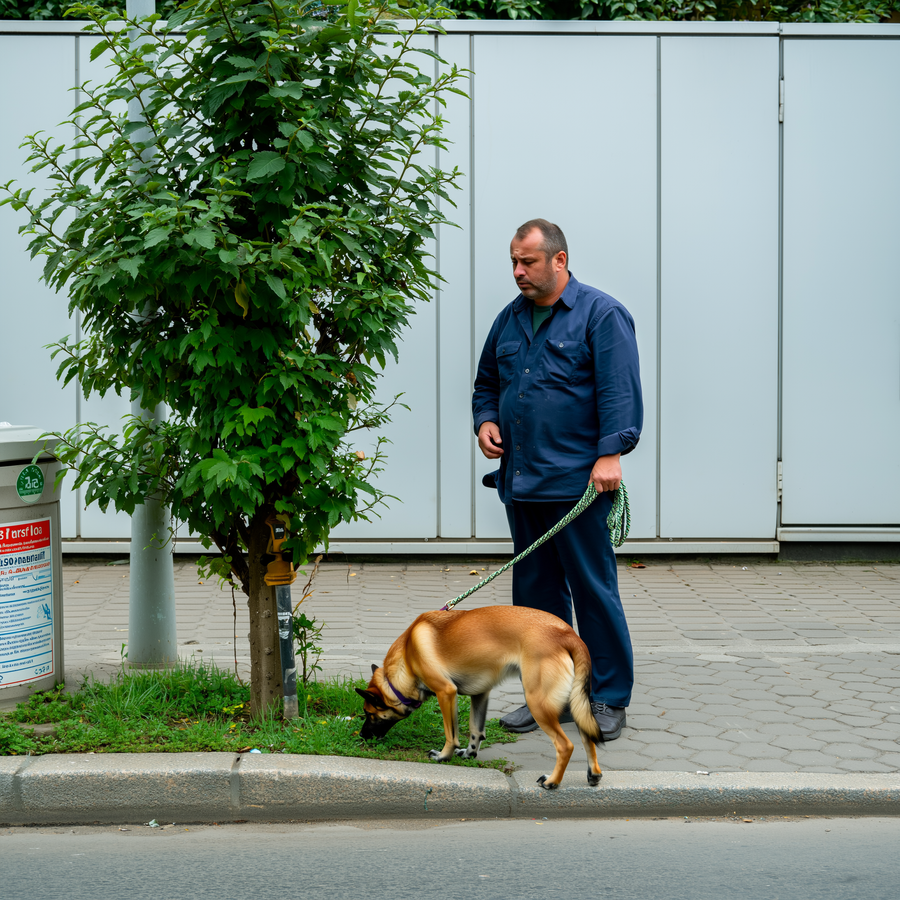 Câine cu lesă obișnuită alături de stăpânul său la plimbare într-un parc din oraș