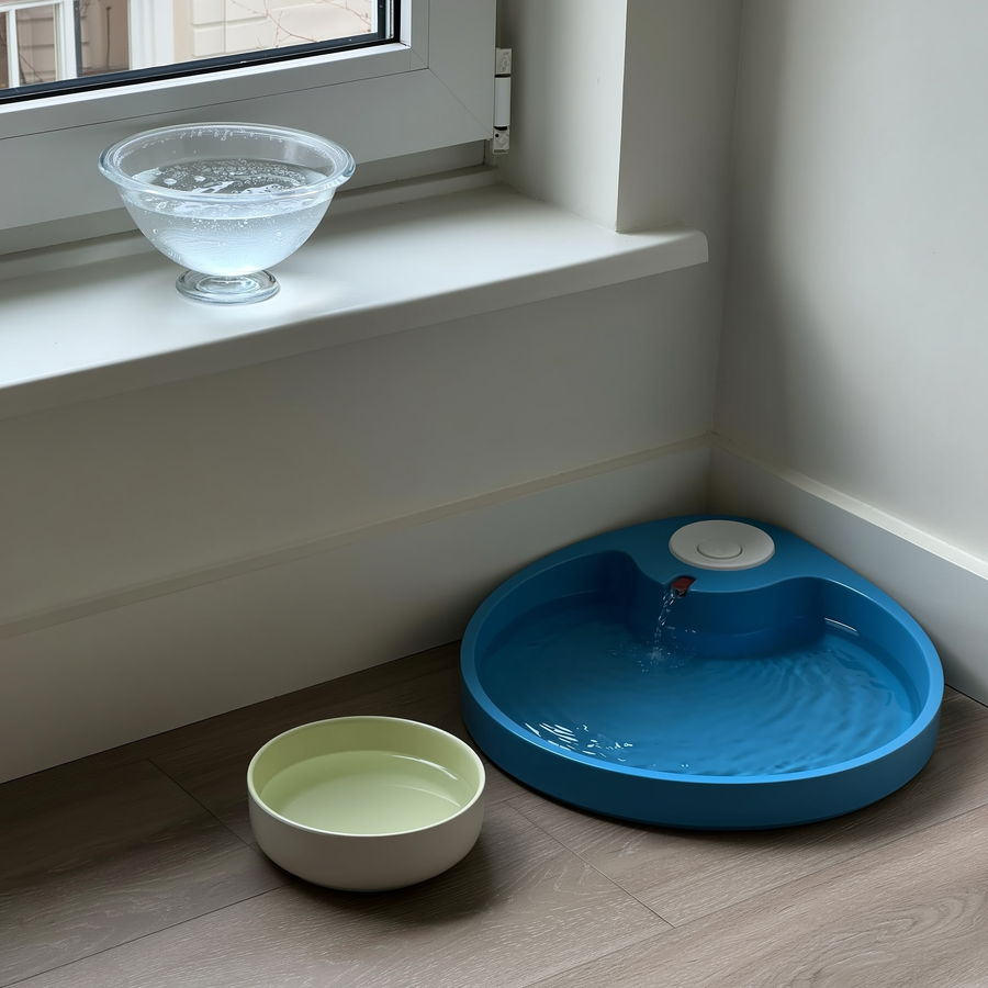 Pisică bând apă dintr-un bol de ceramică lângă fereastră într-o zi de toamnă
