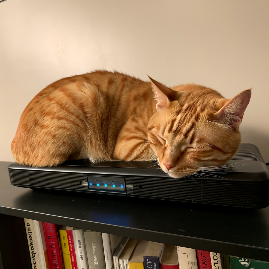 Pisică tigrată ghemuită pe un router WiFi cu LED-uri aprinse, în living, iarna