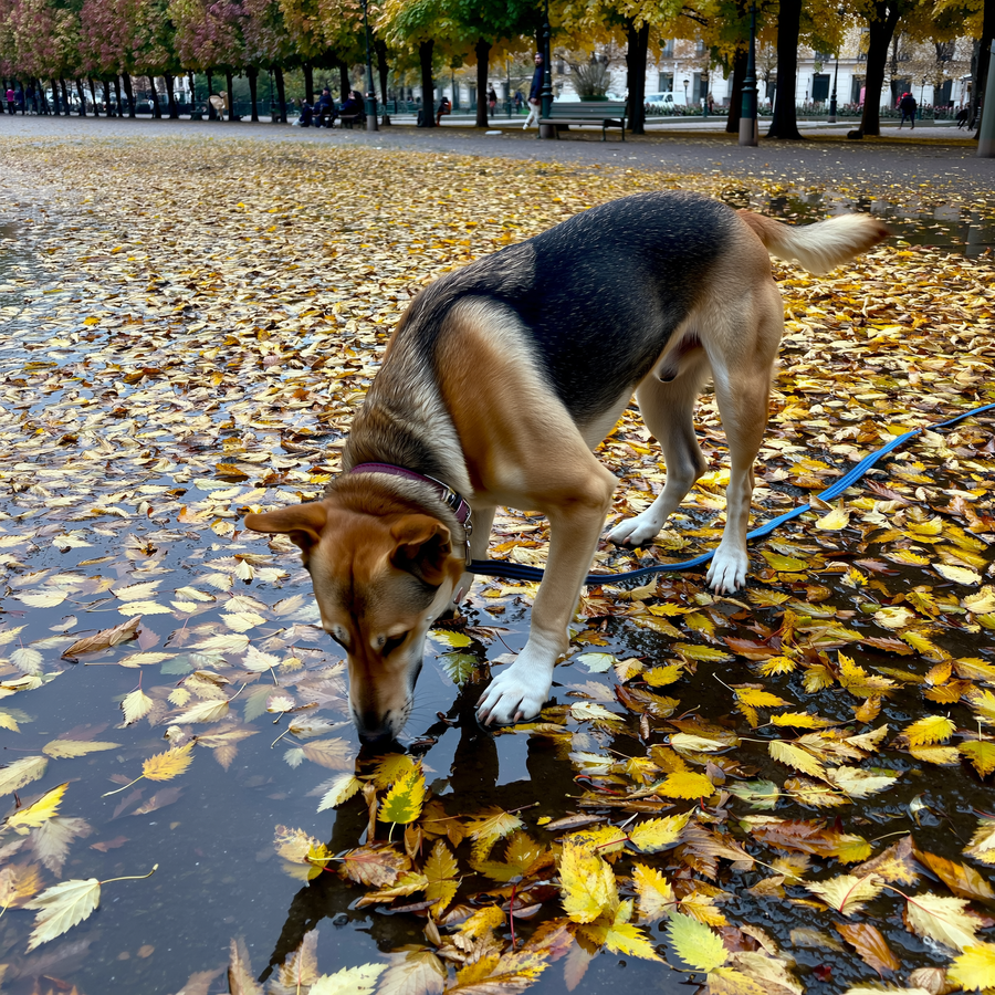 Câine adulmecând printre frunze ude căzute pe o alee de parc în noiembrie