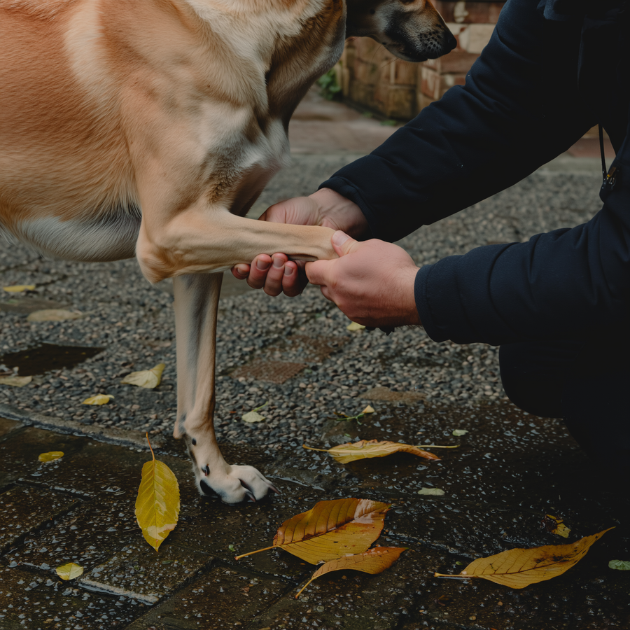 Câine adulmecând printre frunze ude căzute pe o alee de parc în noiembrie
