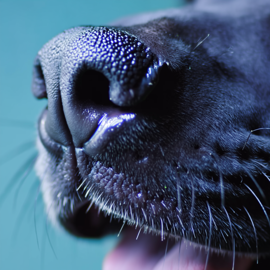 Câine adulmecând o grămadă de frunze de toamnă într-un parc cu ceață
