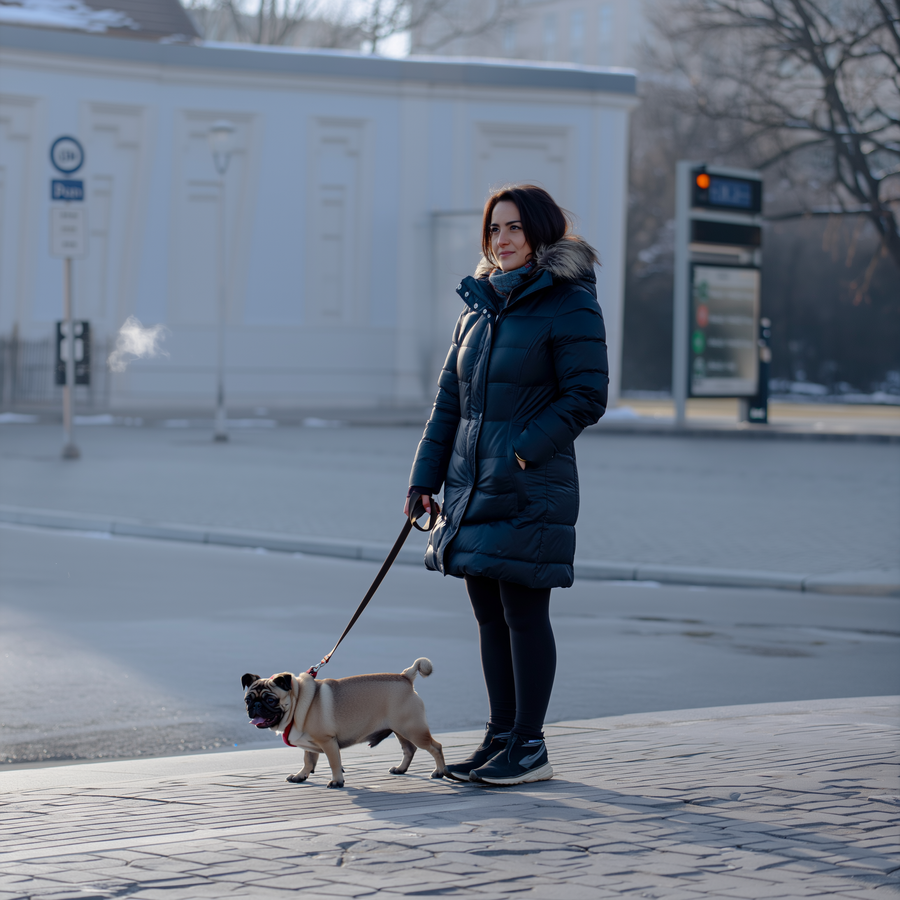 Mops care respiră greu într-o stație cu ceață, dimineața devreme în Sofia