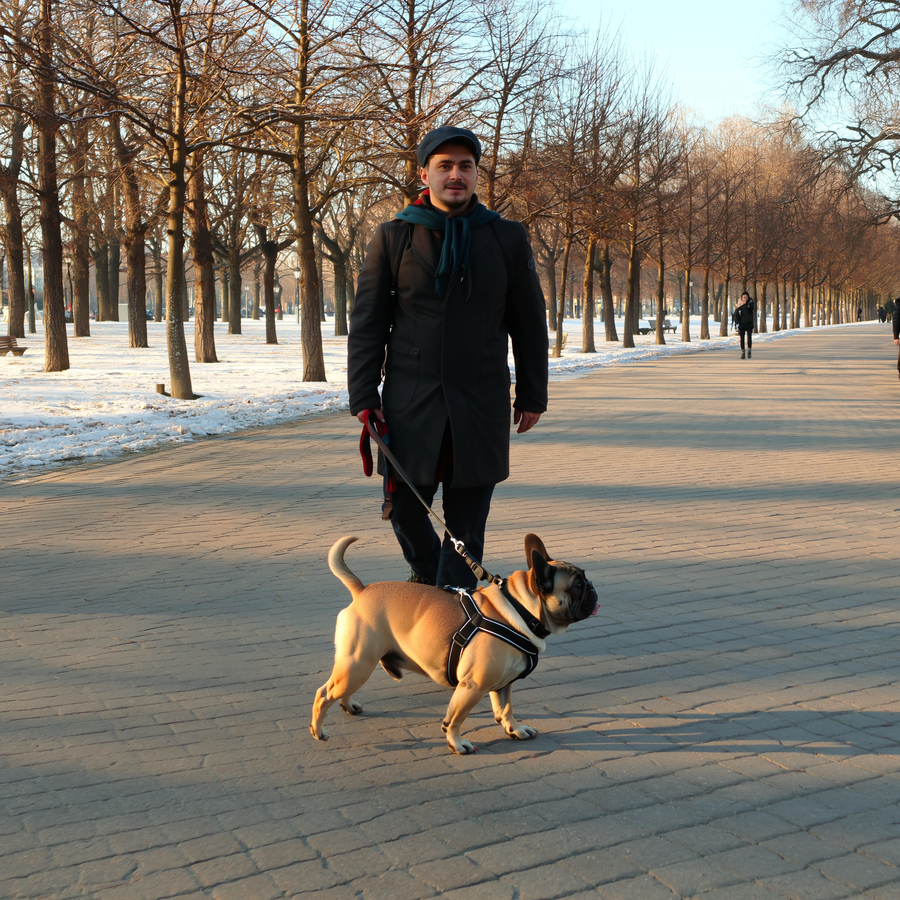 Mops care respiră greu într-o stație cu ceață, dimineața devreme în Sofia