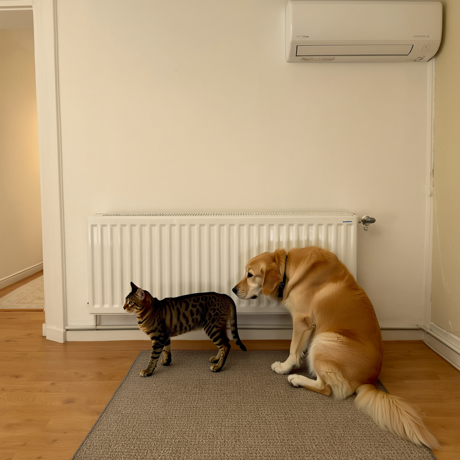 Câine Golden Retriever întins lângă un calorifer într-un apartament iarna, cu un higrometru pe perete
