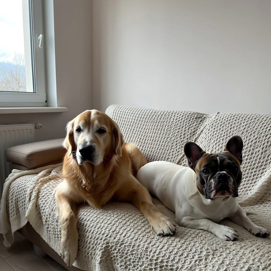 Câine Golden Retriever întins lângă un calorifer într-un apartament iarna, cu un higrometru pe perete