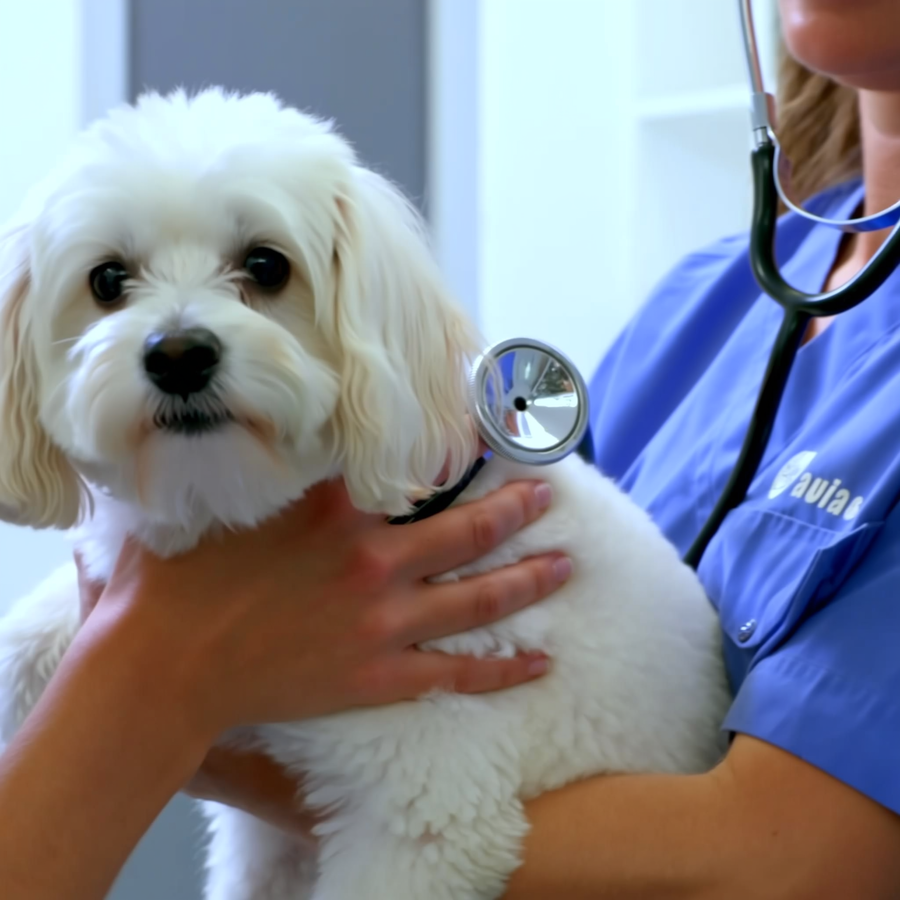 Câine de rasă mică examinat cu stetoscopul de un medic veterinar cardiolog