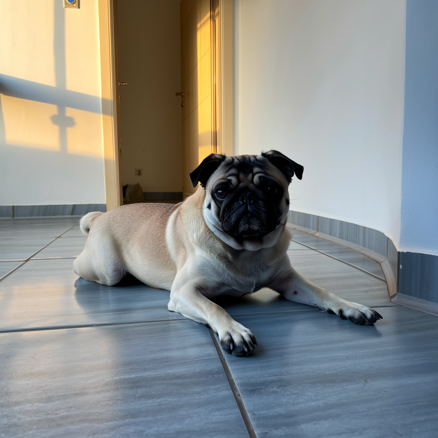 Bulldog francez în repaus, respirând cu gura deschisă la căldură