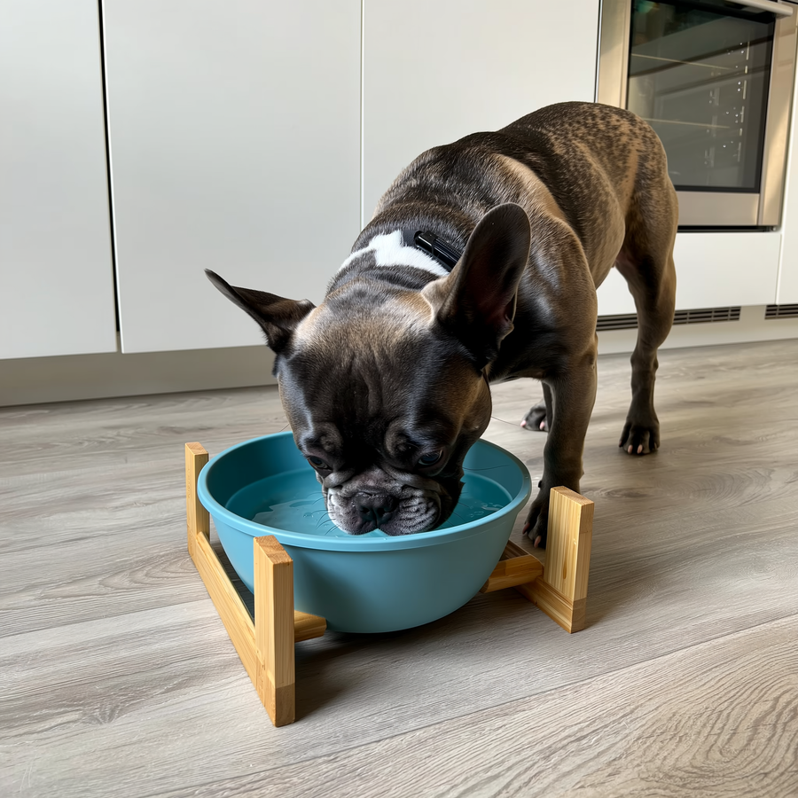 Bulldog francez în repaus, respirând cu gura deschisă la căldură
