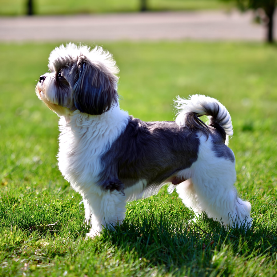 Shih tzu stă pe o bancă într-un parc din Sofia într-o dimineață cu ceață