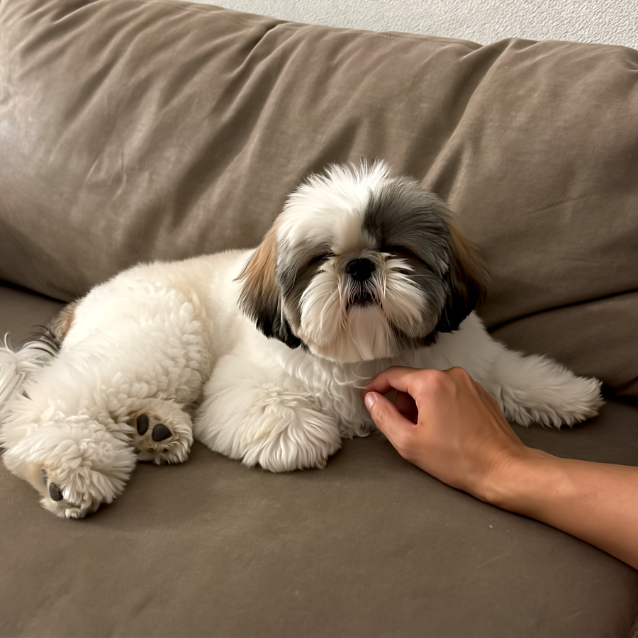 Shih tzu stă pe o bancă într-un parc din Sofia într-o dimineață cu ceață