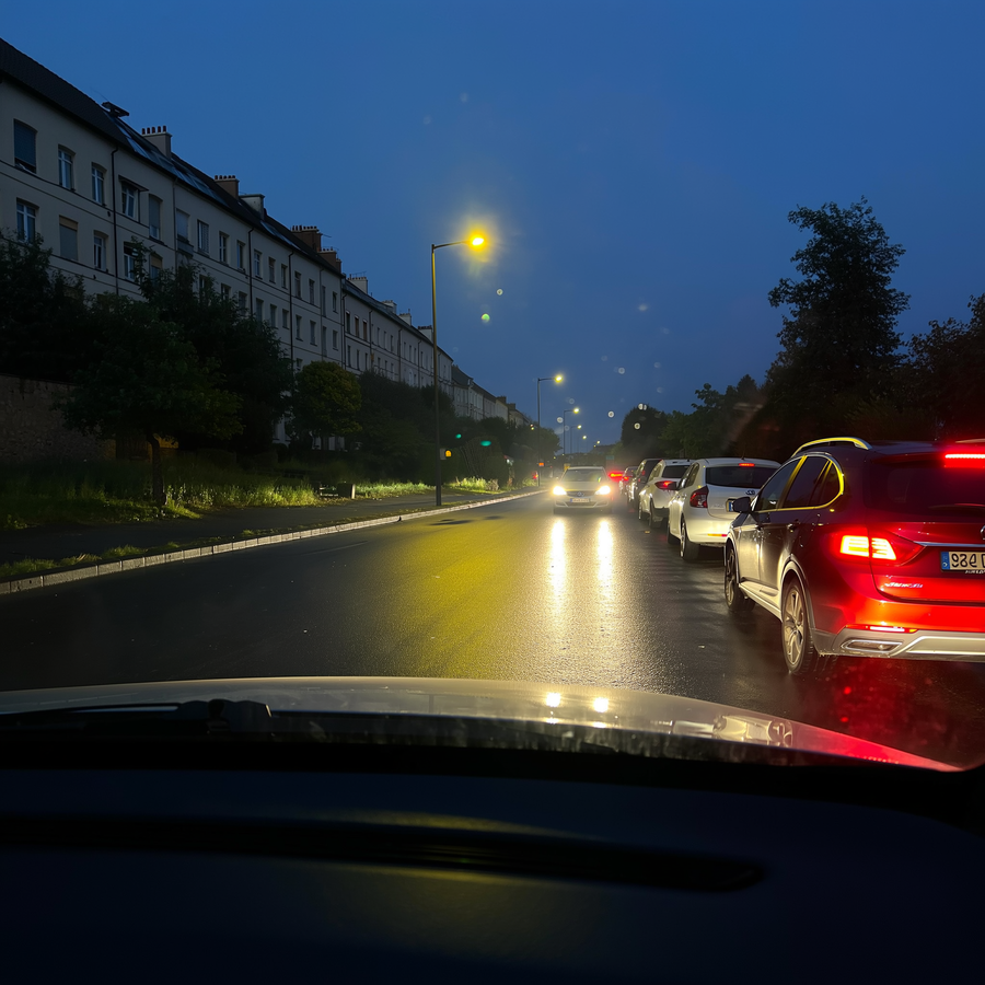 Câine negru pe o stradă rezidențială udă la amurg, cu zgardă reflectorizantă