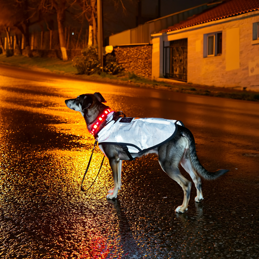 Câine negru pe o stradă rezidențială udă la amurg, cu zgardă reflectorizantă