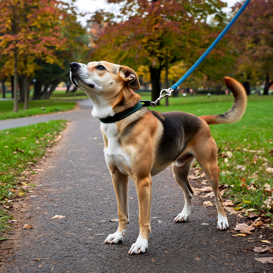 Câine atent care privește spre stăpân într-un test cognitiv smartDOG cu cutie și recompensă