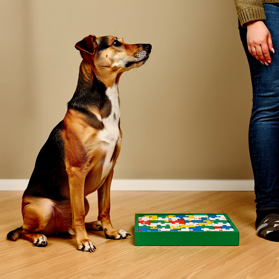 Câine atent care privește spre stăpân într-un test cognitiv smartDOG cu cutie și recompensă