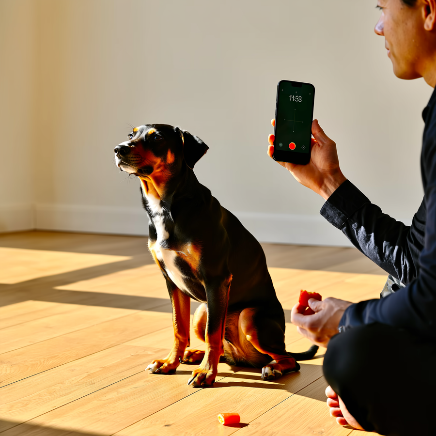 Câine atent care privește spre stăpân într-un test cognitiv smartDOG cu cutie și recompensă