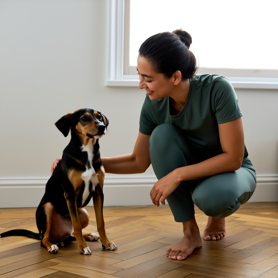 Câine atent care privește spre stăpân într-un test cognitiv smartDOG cu cutie și recompensă