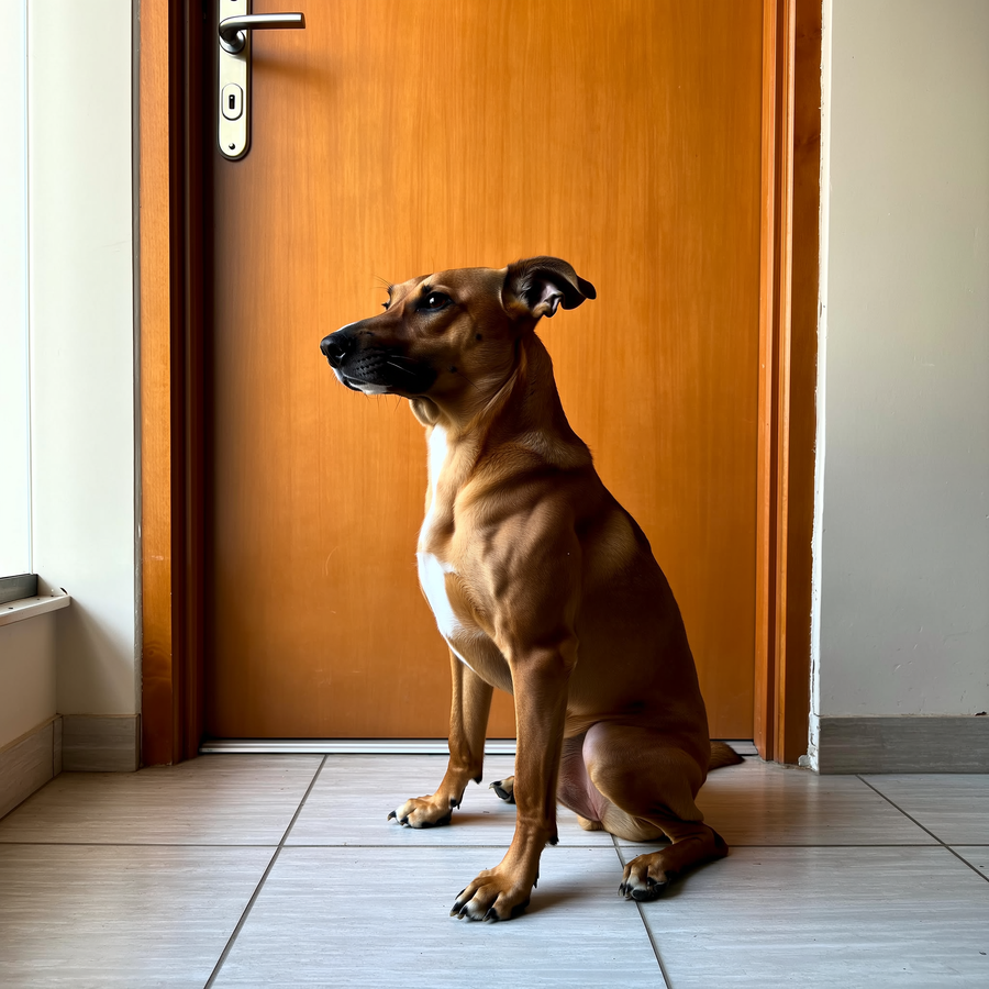 Câine care așteaptă trist lângă ușa de la intrare, cu privirea spre afară