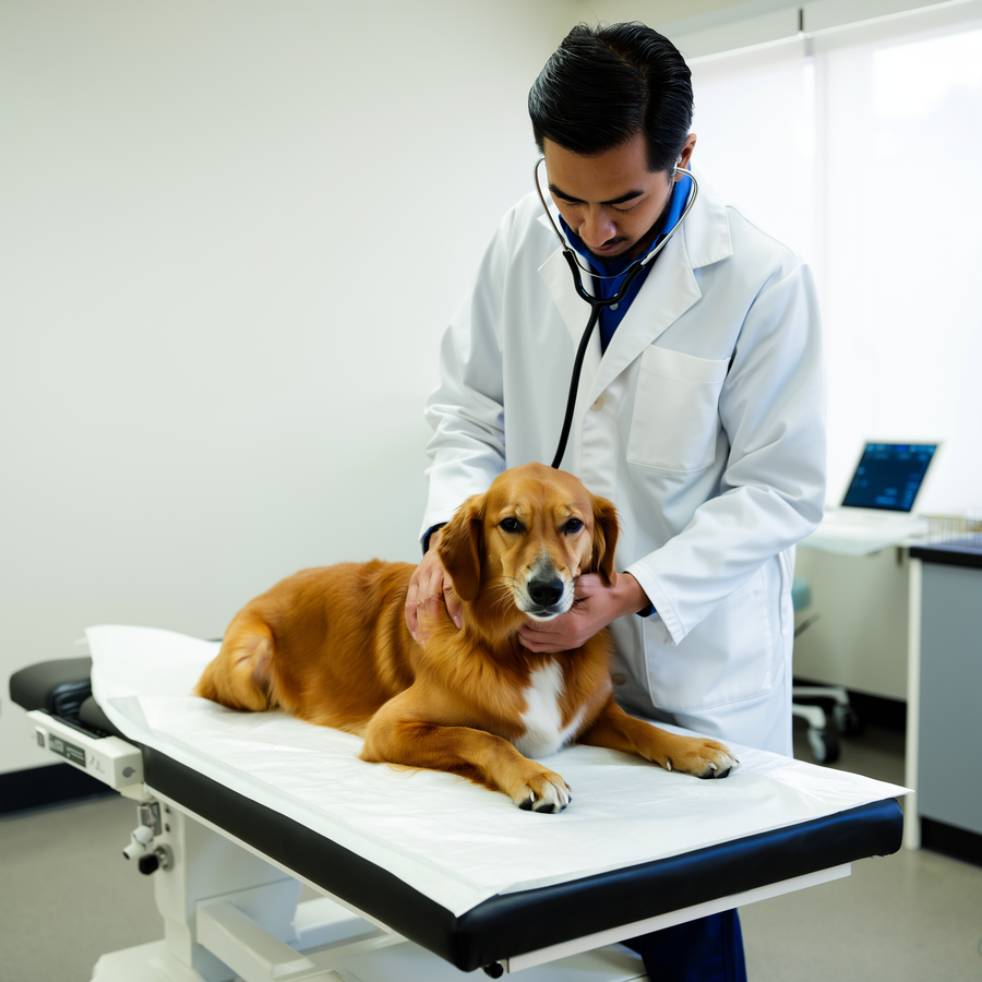 Câine senior într-un cabinet veterinar, în timpul unui control geronto-veterinar de rutină