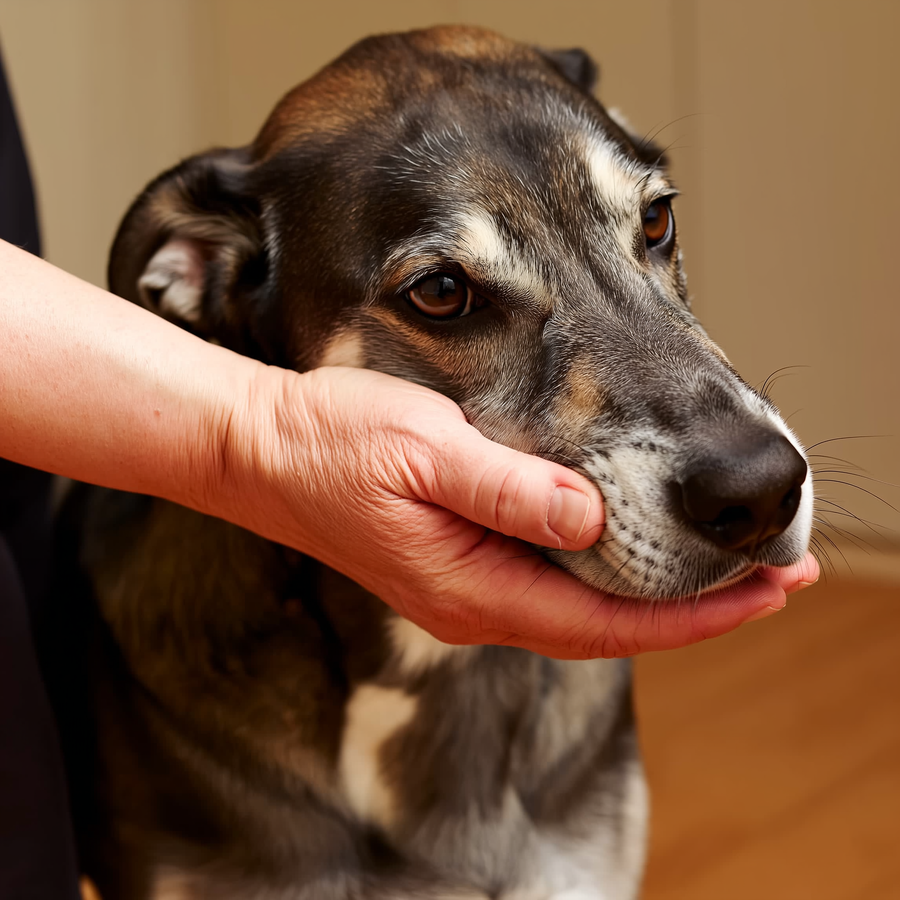 Câine senior într-un cabinet veterinar, în timpul unui control geronto-veterinar de rutină