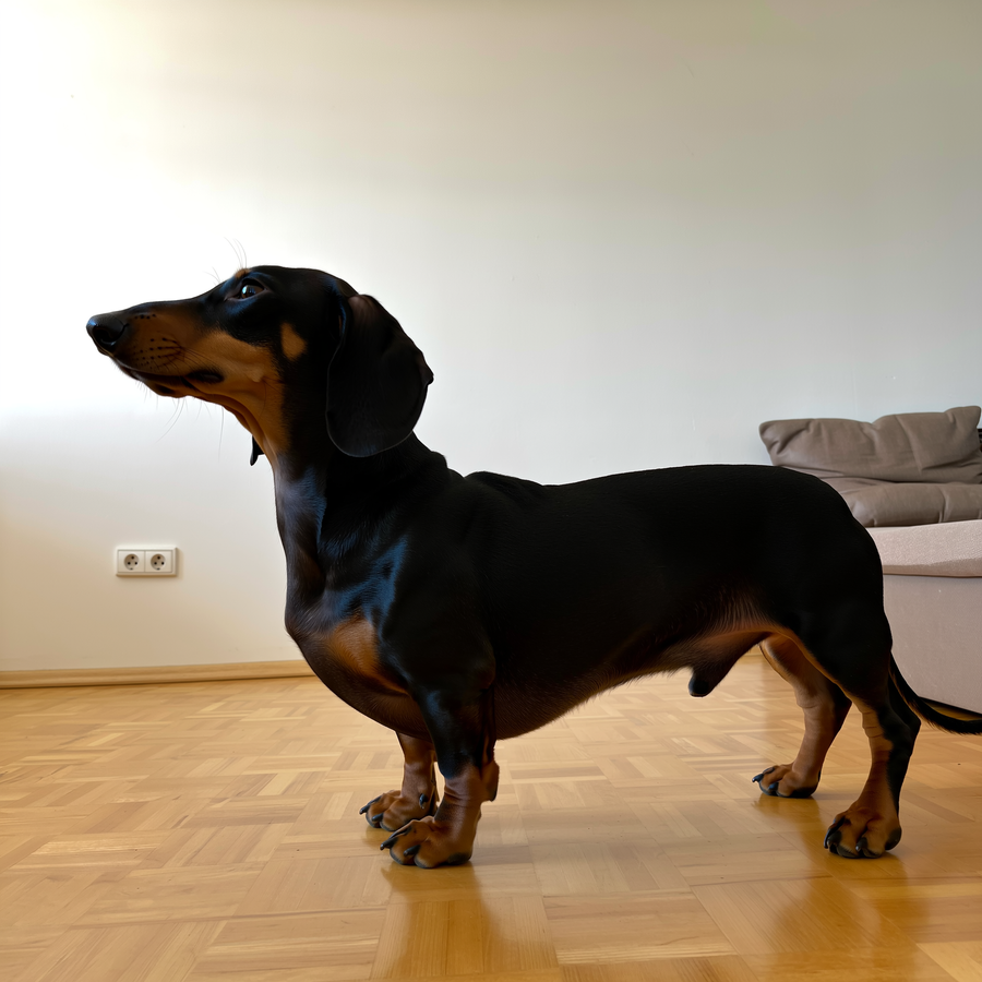 Teckel miniatural ezitând la marginea canapelei într-o seară de toamnă