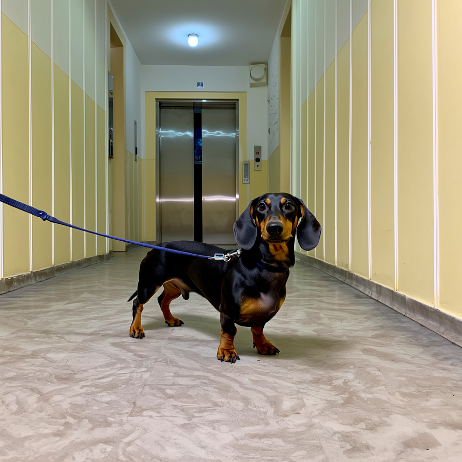Teckel miniatural ezitând la marginea canapelei într-o seară de toamnă
