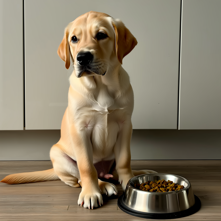 Labrador galben întins pe iarbă, cu silueta ficatului conturată discret