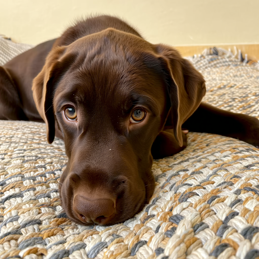 Labrador galben întins pe iarbă, cu silueta ficatului conturată discret