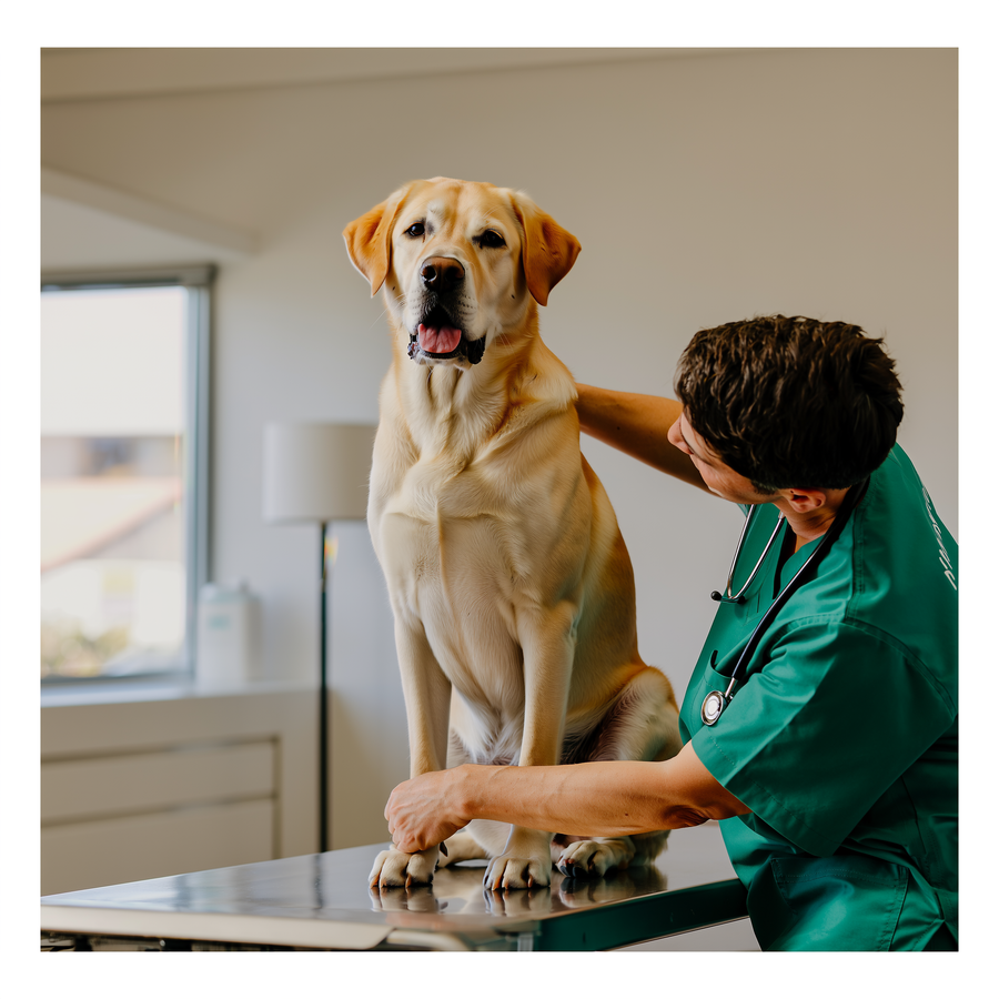 Labrador galben întins pe iarbă, cu silueta ficatului conturată discret