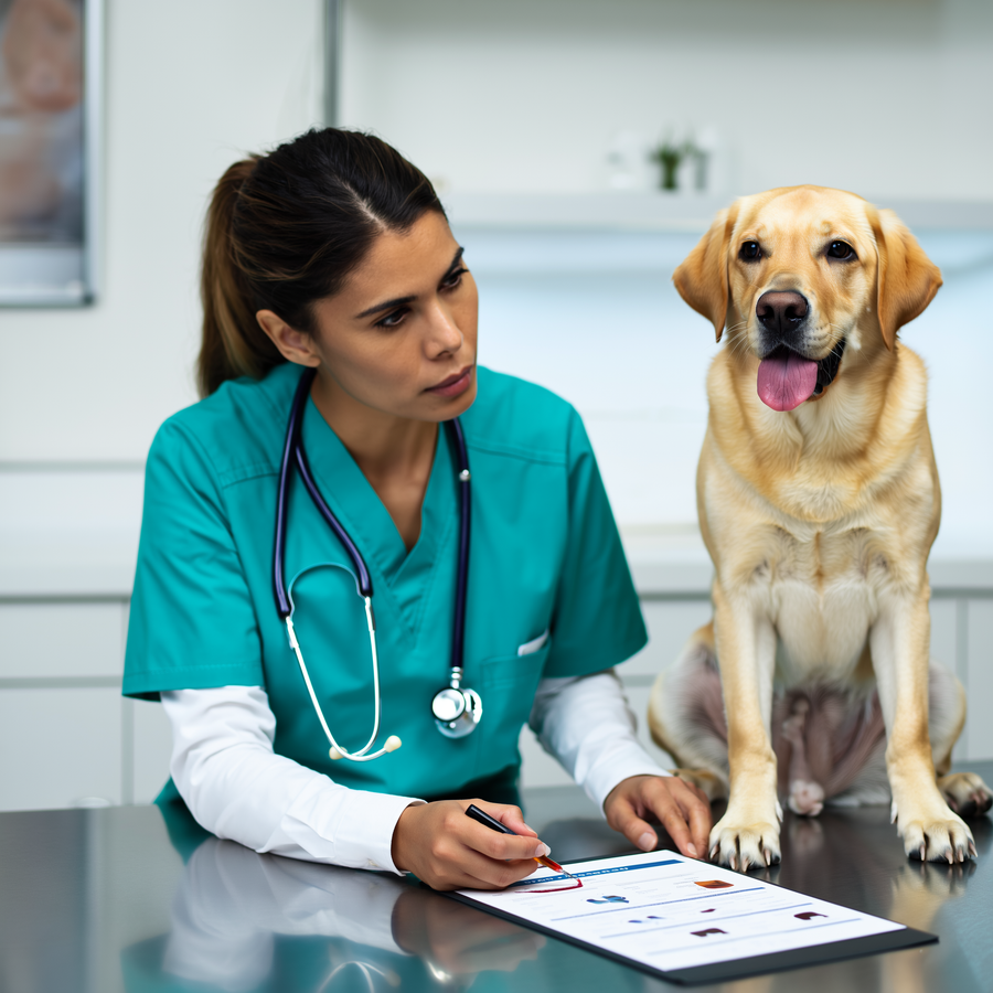 Labrador galben întins pe iarbă, cu silueta ficatului conturată discret