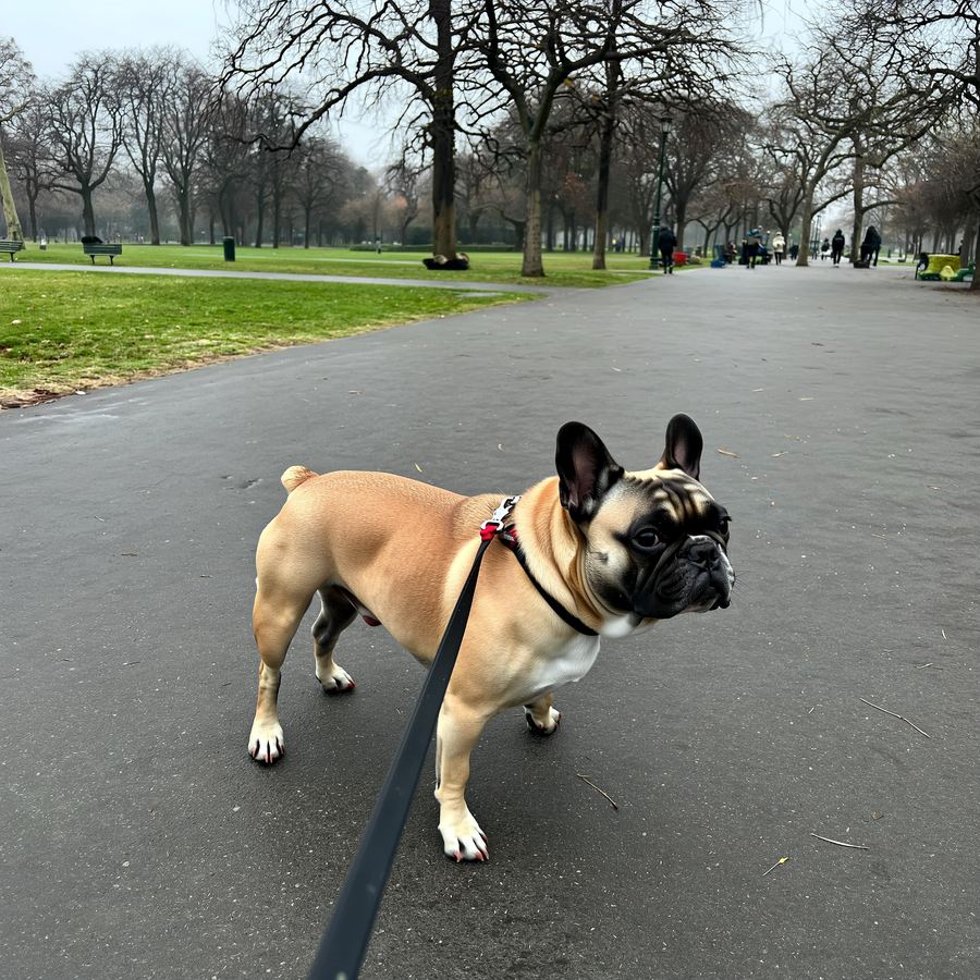 Buldog francez pe o alee rece, cu respirație vizibilă în aerul de iarnă