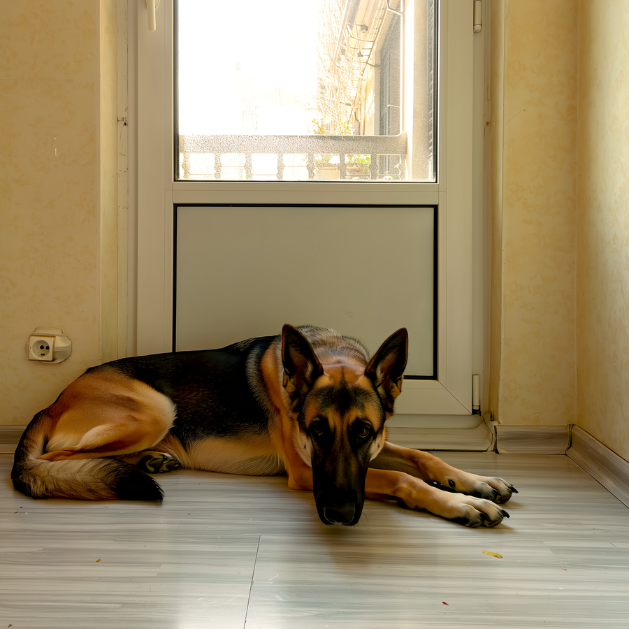 Câine mare pe podeaua rece dintr-un apartament, întinzându-se la primii pași de dimineață