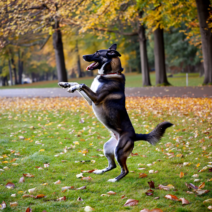 Câine care scurmă iarba cu labele posterioare într-un parc de toamnă din Sofia