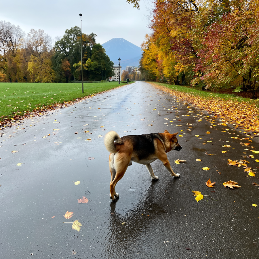 Câine care scurmă iarba cu labele posterioare într-un parc de toamnă din Sofia