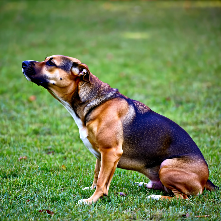 Câine care se învârte pe iarbă într-un parc înainte să se așeze