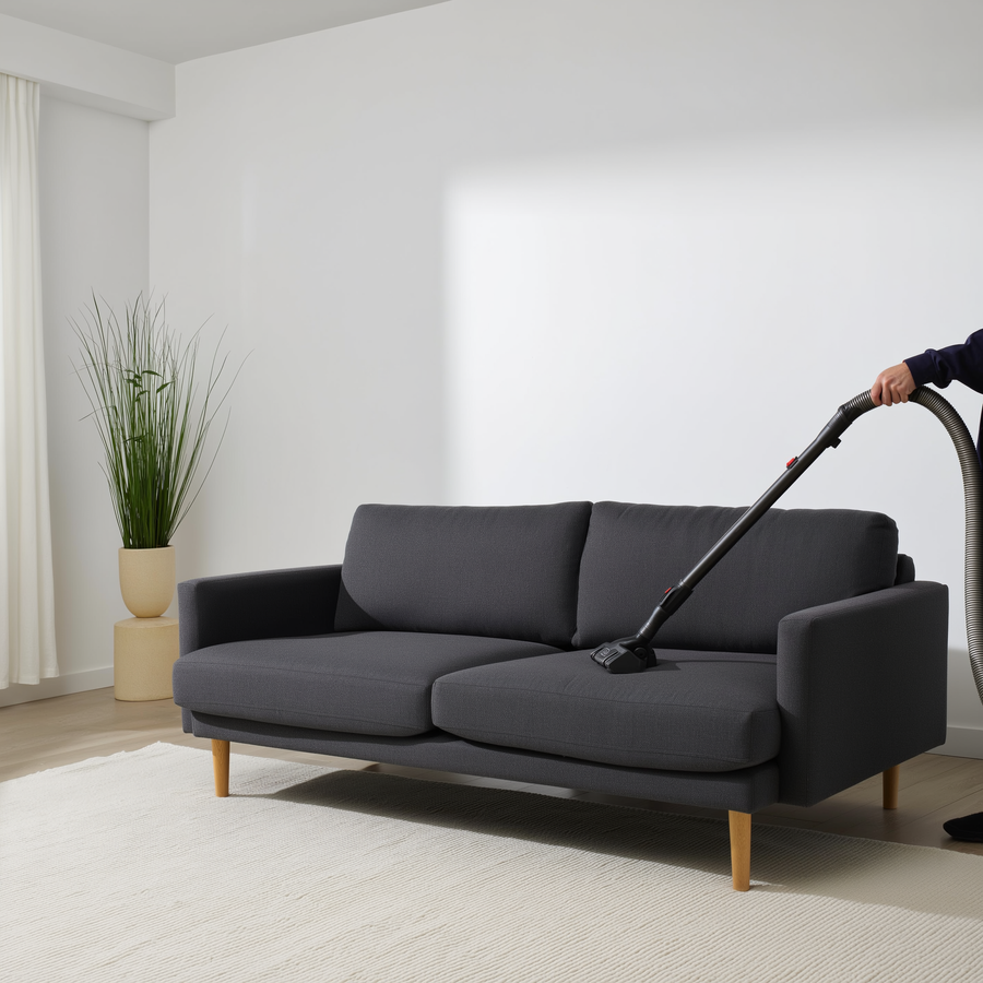 Câine care linge o pernă de canapea în sufragerie, cu radiator aprins în fundal