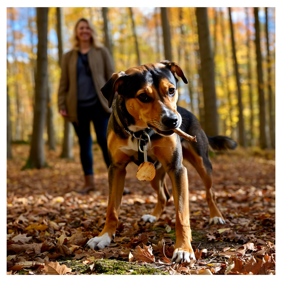 Câine care aduce o castană de toamnă dintr-un parc