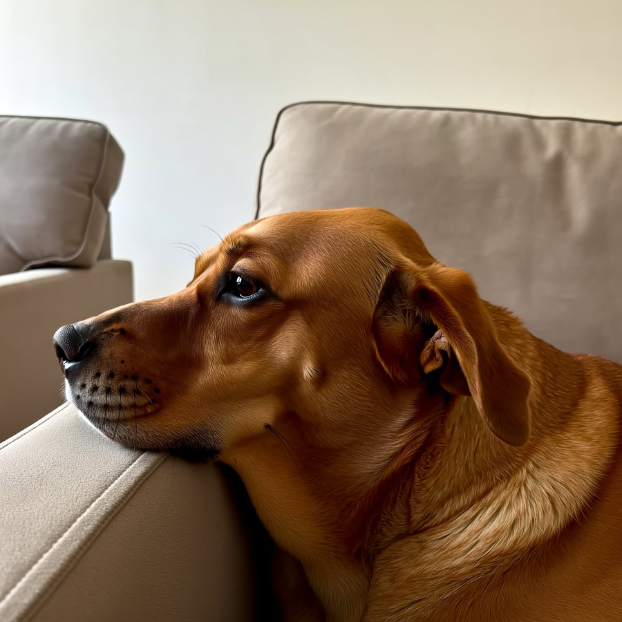 Câine care se întinde pe partea stângă a canapelei lângă fereastră, în lumină de seară