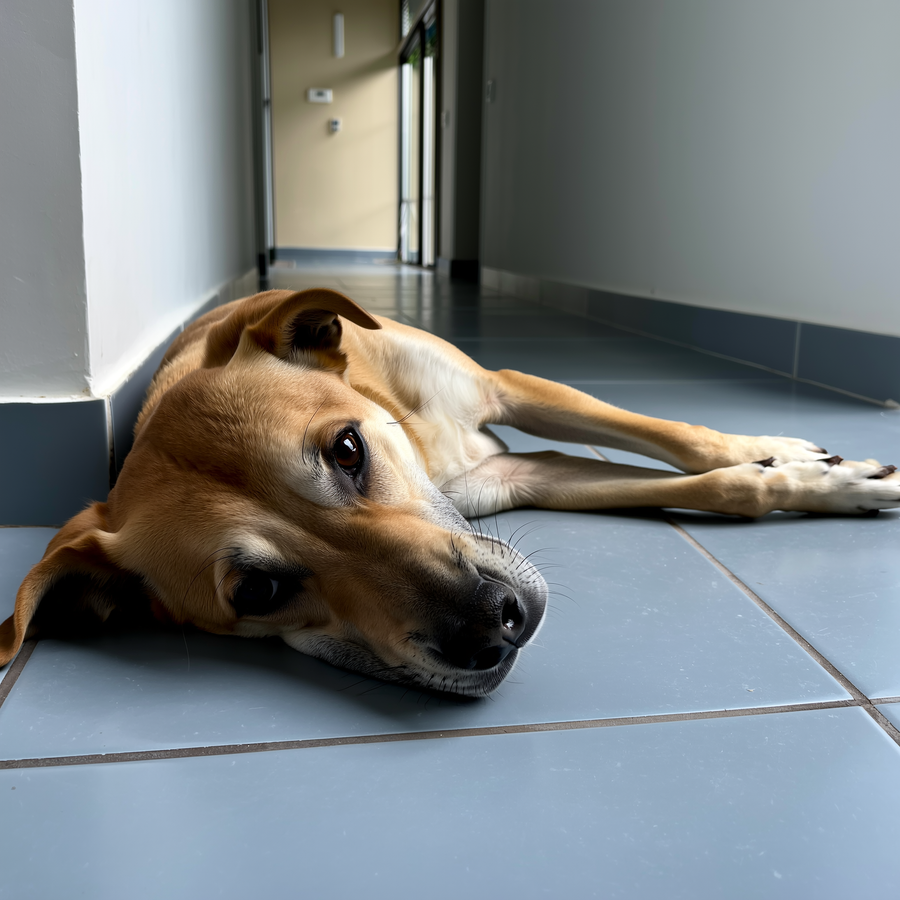 Câine culcat pe pragul dintre două camere, lângă gresia răcoroasă, în timp ce caloriferul funcționează