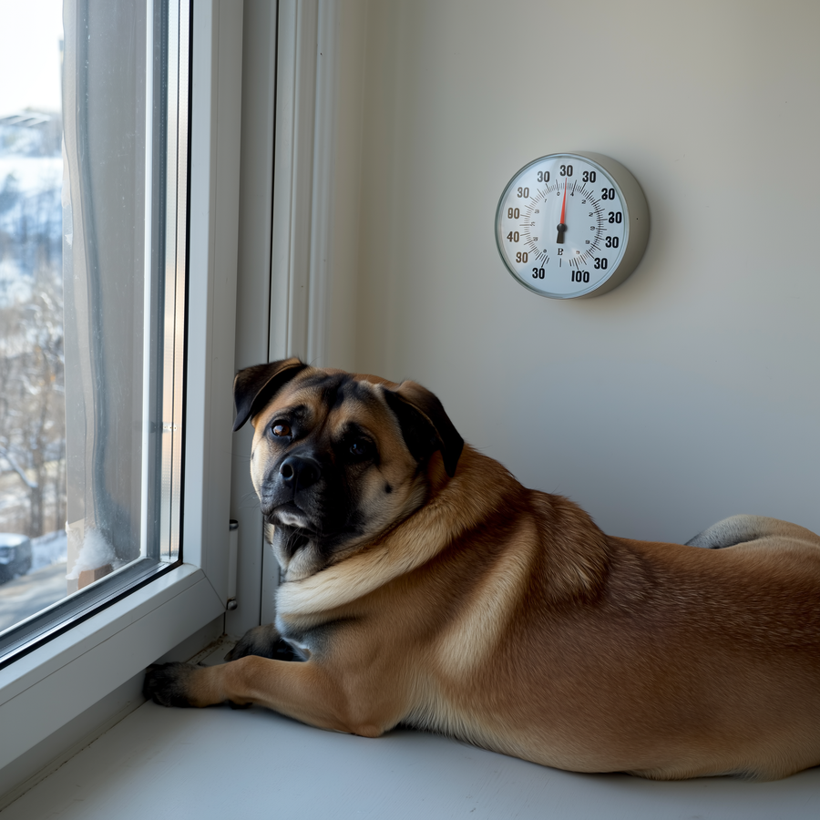 Câine dormind cu botul lipit de perete lângă un radiator cald