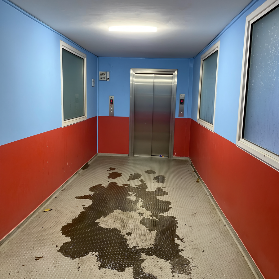 Câine care se oprește ezitant în fața ușii deschise a unui lift într-un bloc, toamna