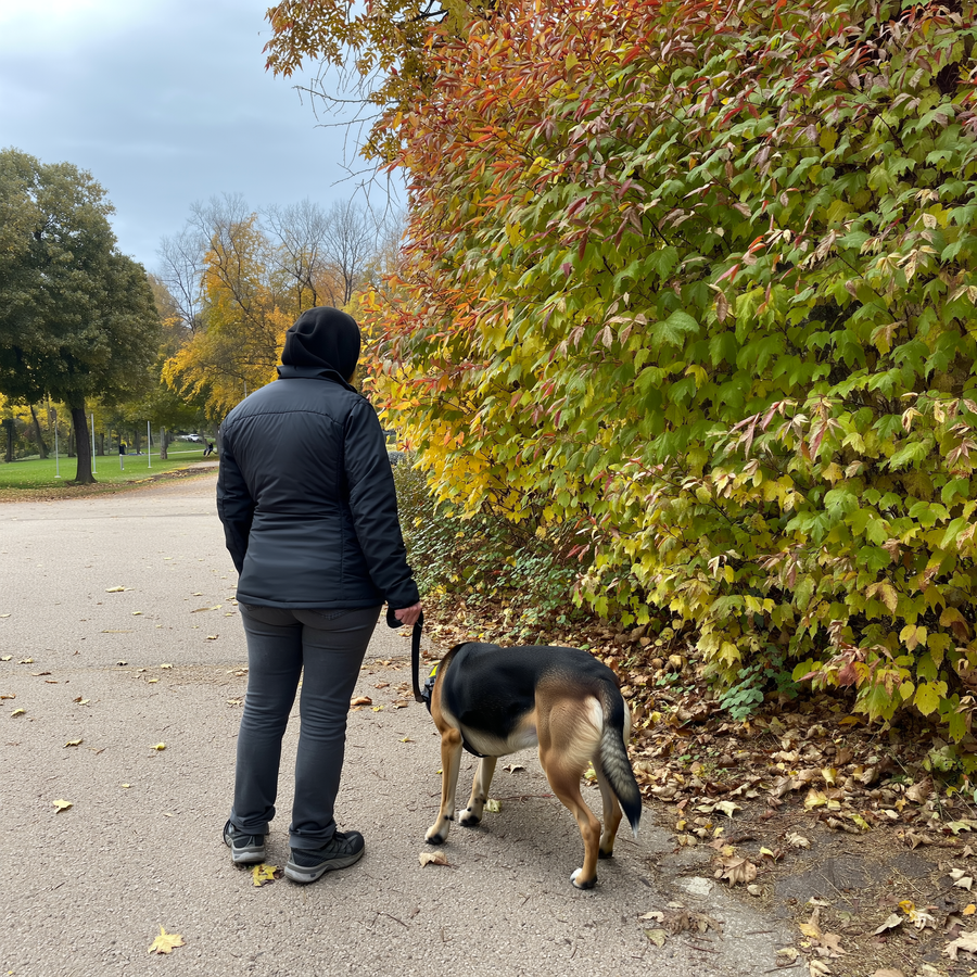 Câine mirosind un tufiș pe o alee acoperită de frunze de toamnă