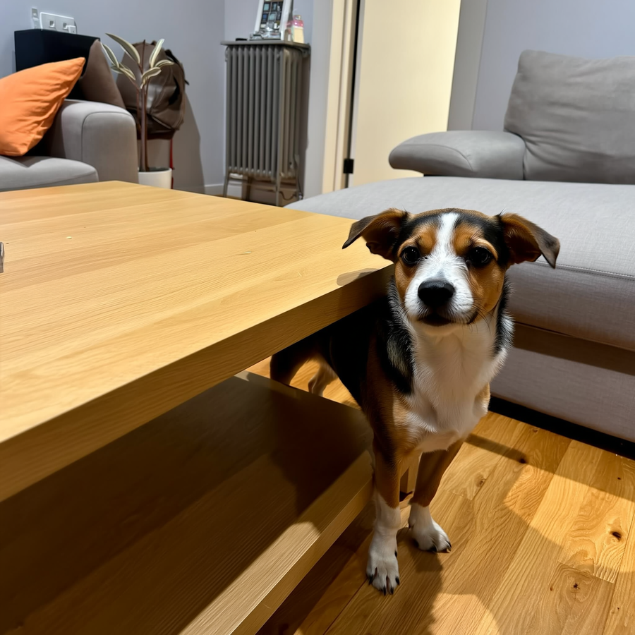 Câine husky stând pe o pătură lângă un calorifer, cu ușoare scântei statice vizibile pe blană.