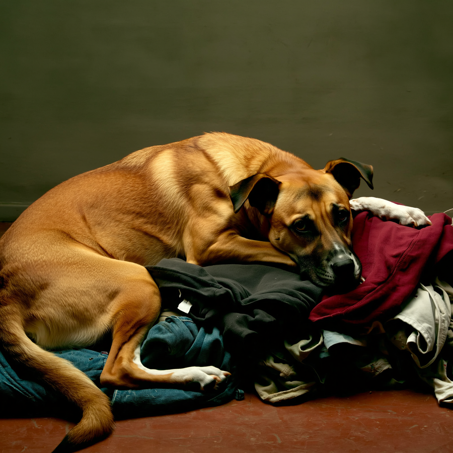 Câine curios care adulmecă un coș de rufe lângă un calorifer, într-un apartament iarna.