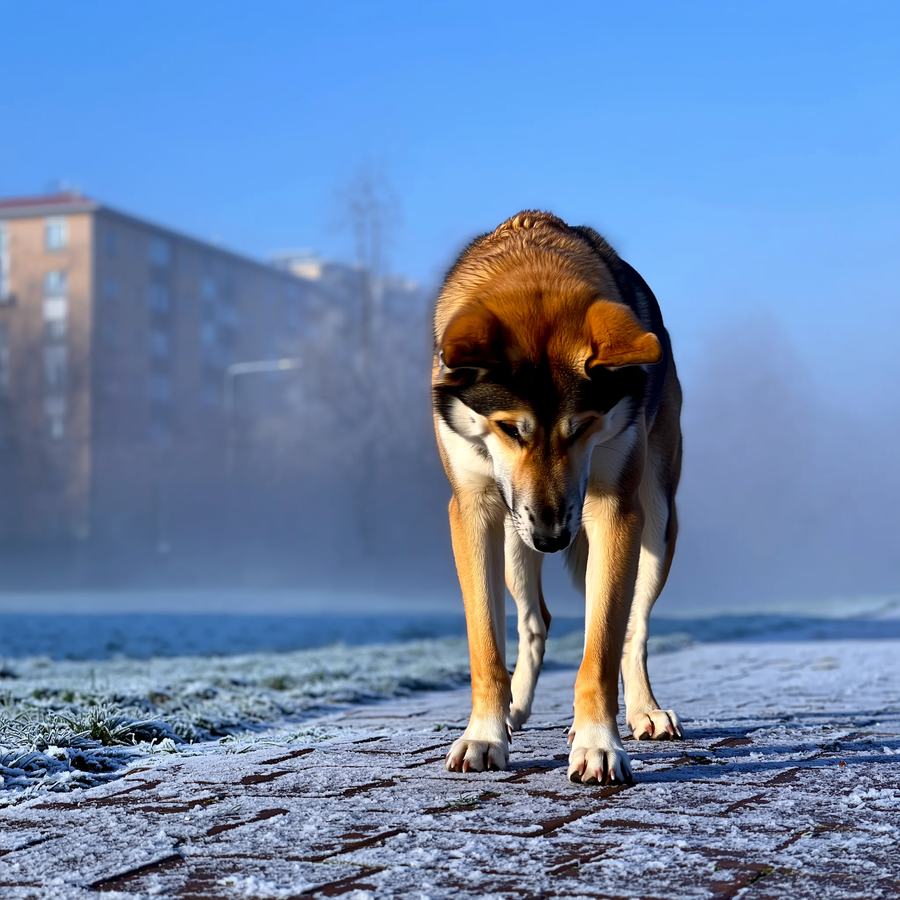 Labă de câine pe zăpadă proaspătă pe un trotuar urban iarna