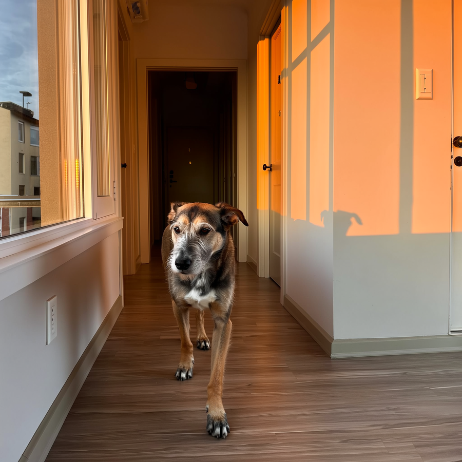 Câine vârstnic rătăcind confuz prin coridorul apartamentului la apusul de toamnă