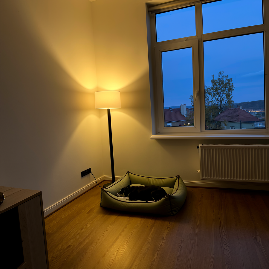 Câine vârstnic rătăcind confuz prin coridorul apartamentului la apusul de toamnă