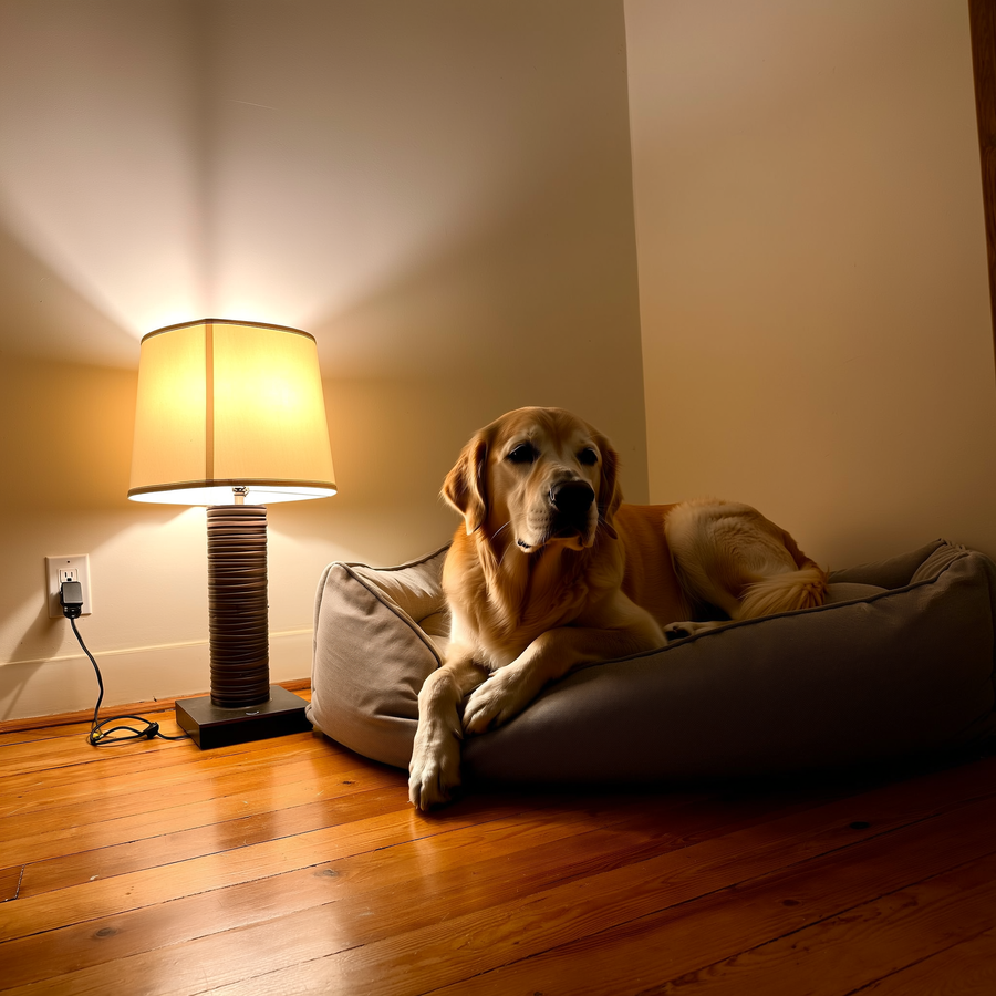 Câine vârstnic rătăcind confuz prin coridorul apartamentului la apusul de toamnă